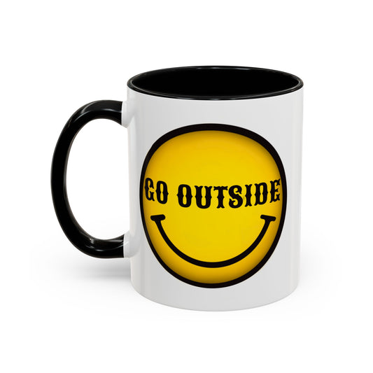 Go Outside Accent Coffee Mug – Retro Yellow Smiley Face, Positive Vibes Gift (11/15 oz)