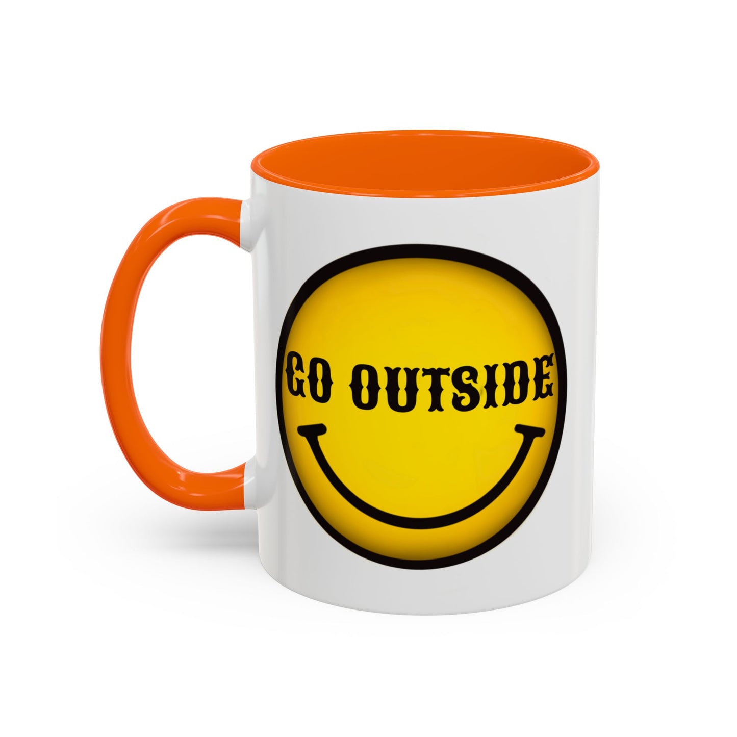 Go Outside Accent Coffee Mug – Retro Yellow Smiley Face, Positive Vibes Gift (11/15 oz)