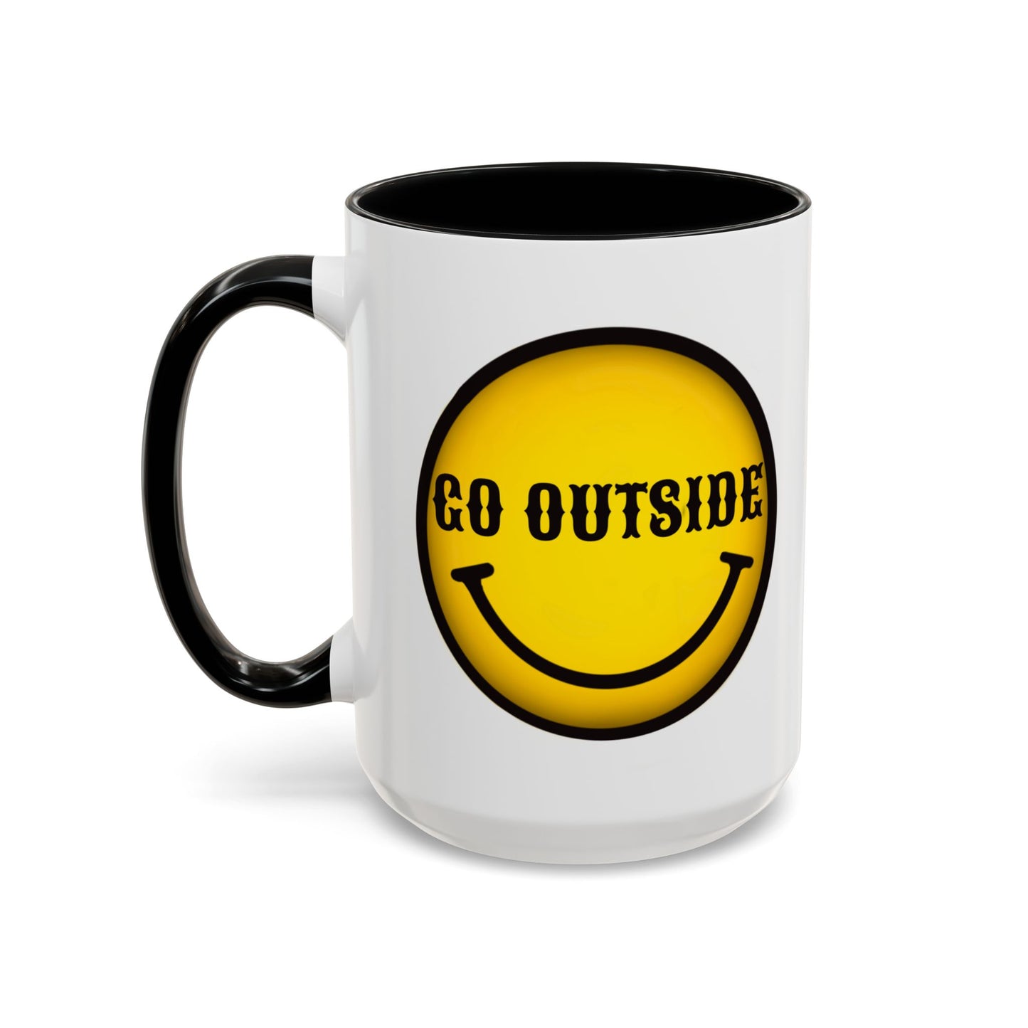 Go Outside Accent Coffee Mug – Retro Yellow Smiley Face, Positive Vibes Gift (11/15 oz)