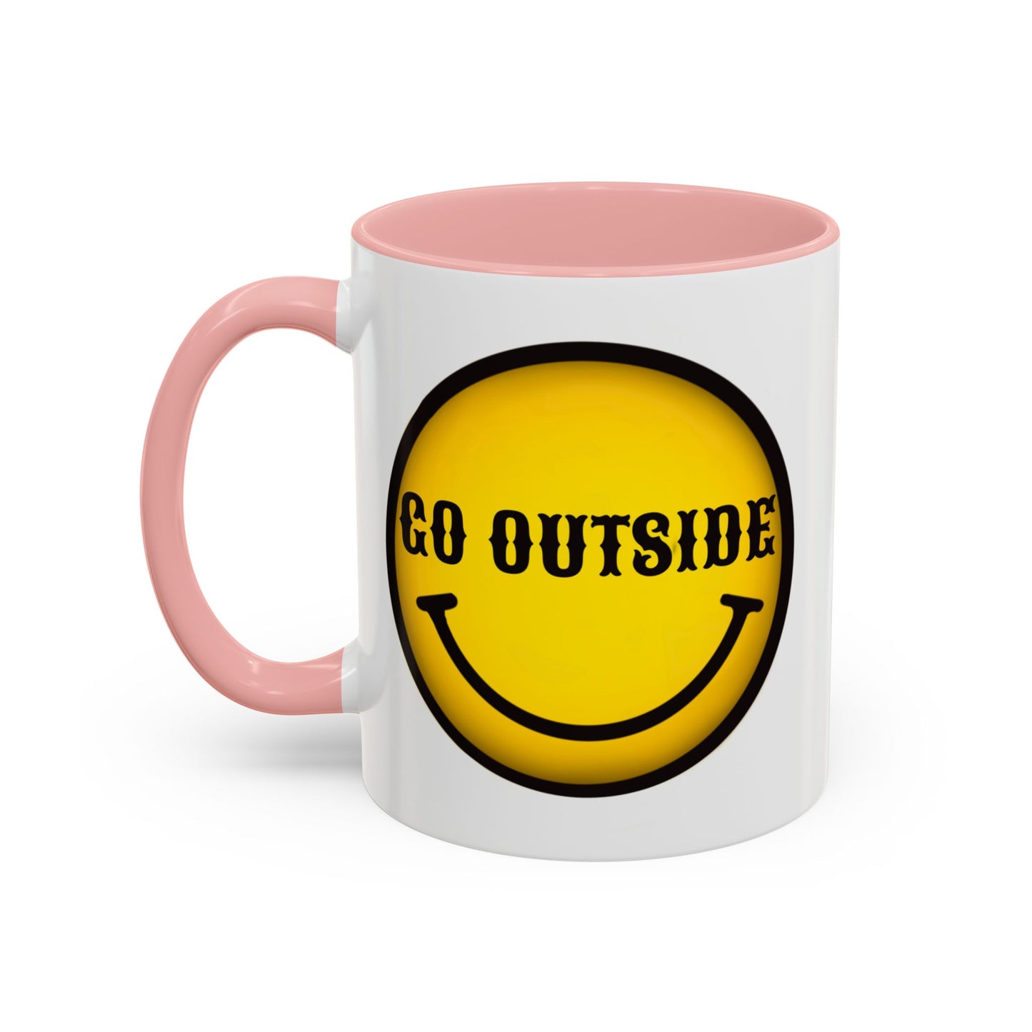 Go Outside Accent Coffee Mug – Retro Yellow Smiley Face, Positive Vibes Gift (11/15 oz)