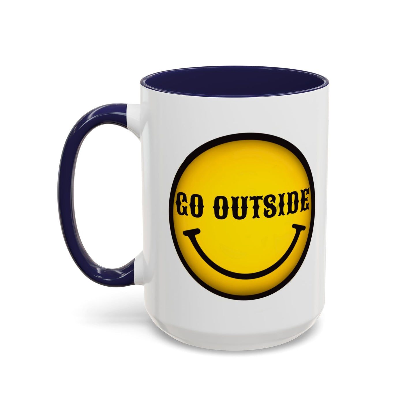Go Outside Accent Coffee Mug – Retro Yellow Smiley Face, Positive Vibes Gift (11/15 oz)