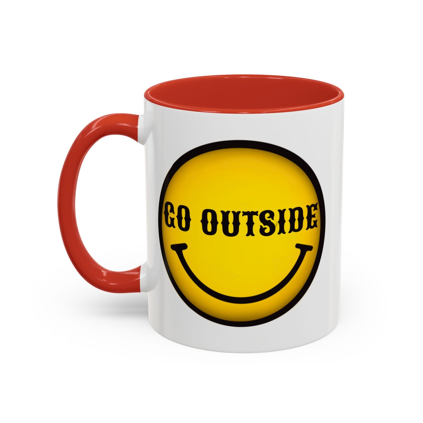 Go Outside Accent Coffee Mug – Retro Yellow Smiley Face, Positive Vibes Gift (11/15 oz)