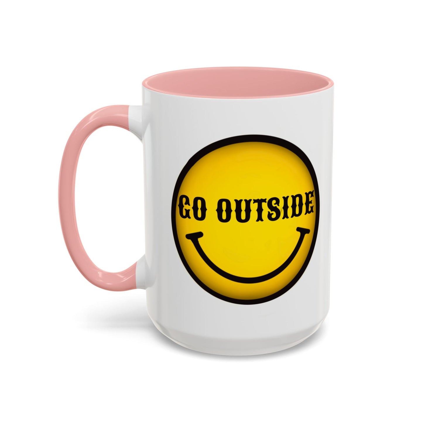 Go Outside Accent Coffee Mug – Retro Yellow Smiley Face, Positive Vibes Gift (11/15 oz)