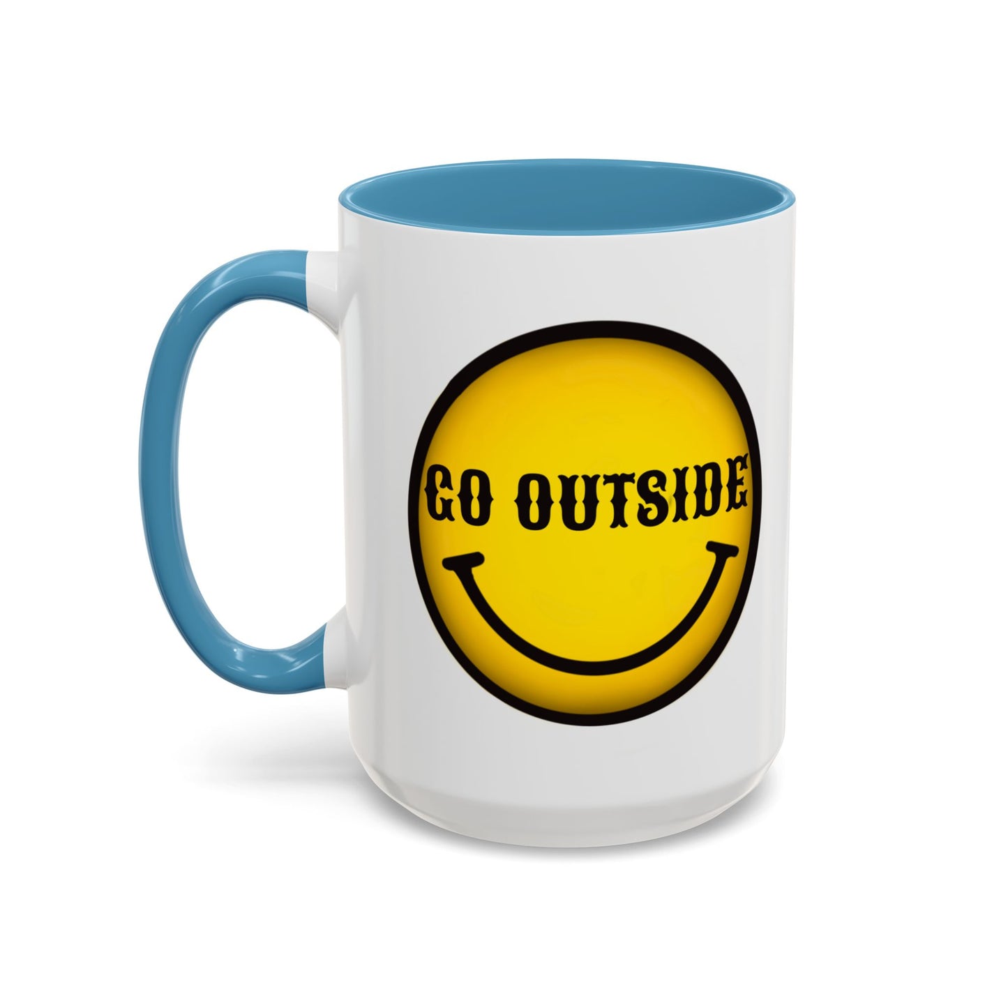 Go Outside Accent Coffee Mug – Retro Yellow Smiley Face, Positive Vibes Gift (11/15 oz)